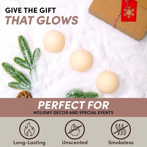 Set of 3 Sphere Ball Candles 3" Unscented Handpoured for Weddings, Home Decoration, Church, Restaurant, Spa, Smokeless Cotton Wick - Ivory in Saudi Arabia