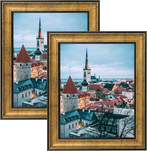 مركز لوحة السجادة، إطار صورة عتيق مقاس 11 × 14، طراز عتيق ذهبي بني وبرونزي داكن، مطفي حتى 8 × 10 - حصيرة بيضاء - زجاج مقسى in Kuwait