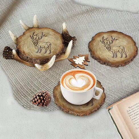 قواعد قواعد اكواب الغزلان قرن الوعل من نيوسسباركل، ديكور الغزلان الريفية، مجموعة من 4 قواعد اكواب للمقصورة الخارجية، هدايا للصياد، 4 انش in Kuwait