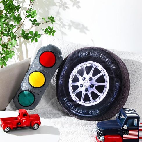2 Pcs Racing Room Pillow Decorations Set 15.7 Inch Big Creative 3D Simulation Wheel Pillow Funny Traffic Cone Traffic Light and Stop Sign Plush Pillow Soft Car Tire Pillow for Kid Room (Stop Sign) in Saudi Arabia
