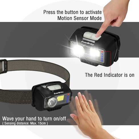 EverBrite Rechargeable Headlamp, LED Bright Motion Sensor Head Lamp Flashlight with 9 Modes, Adjustable Headlight for Adults Kids with White Red Light, Waterproof, Green, for Hiking, Running, Camping in Saudi Arabia