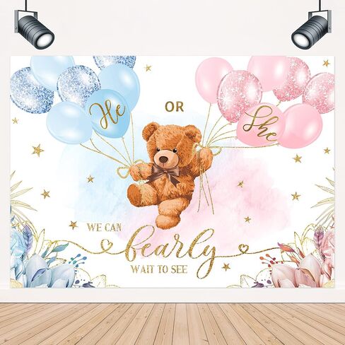 LIGHTINHOME Bear Gender Reveal Backdrop 7Wx5H Feet He or She Pink or Blue Boho Floral We Can Bearly Wait Baby Shower Photography Background Mom-to- be Party Decorations Photo Booth Studio Prop Fabric in Saudi Arabia