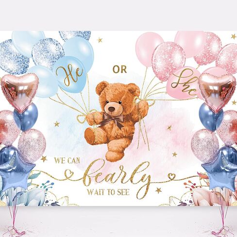 LIGHTINHOME Bear Gender Reveal Backdrop 7Wx5H Feet He or She Pink or Blue Boho Floral We Can Bearly Wait Baby Shower Photography Background Mom-to- be Party Decorations Photo Booth Studio Prop Fabric in Saudi Arabia