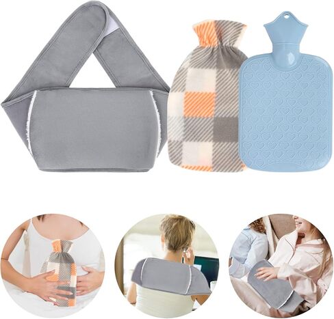 كيس ماء ساخن لزجاجة ماء دافئ مع غطاء، كيس ماء ساخن مع غطاء للخصر، مجموعة أكياس ماء ساخن دافئ من مادة PVC عالية الكثافة، حزام رمادي من القطيفة لتخفيف آلام التعب والساقين والرقبة والكتف والظهر in Kuwait