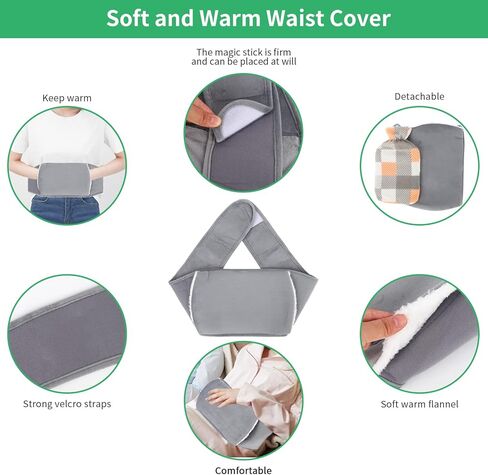 كيس ماء ساخن لزجاجة ماء دافئ مع غطاء، كيس ماء ساخن مع غطاء للخصر، مجموعة أكياس ماء ساخن دافئ من مادة PVC عالية الكثافة، حزام رمادي من القطيفة لتخفيف آلام التعب والساقين والرقبة والكتف والظهر in Kuwait