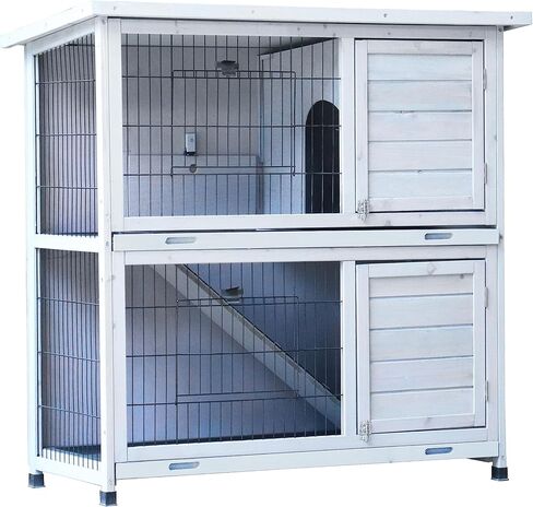 Lifeand Rabbit Hutch Outdoor, 2-Story Rabbit Cage Indoor with Run, Bunny Cage with 2 Removable No-Leak Trays, Pet Cages with Non-Slip Ramp, Waterproof Roof, Fence, for Small Animals, Gray in Kuwait