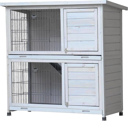 Lifeand Rabbit Hutch Outdoor, 2-Story Rabbit Cage Indoor with Run, Bunny Cage with 2 Removable No-Leak Trays, Pet Cages with Non-Slip Ramp, Waterproof Roof, Fence, for Small Animals, Gray in Kuwait