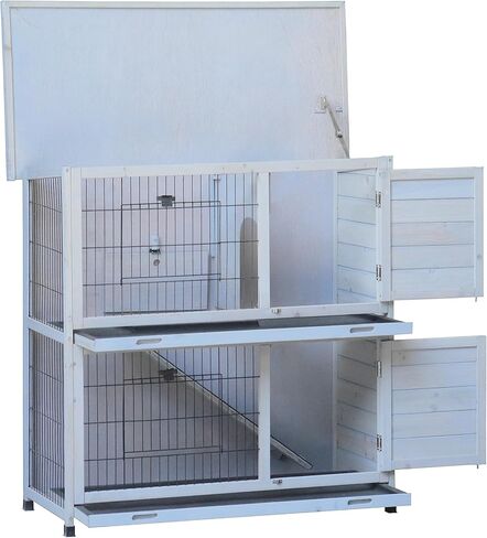 Lifeand Rabbit Hutch Outdoor, 2-Story Rabbit Cage Indoor with Run, Bunny Cage with 2 Removable No-Leak Trays, Pet Cages with Non-Slip Ramp, Waterproof Roof, Fence, for Small Animals, Gray in Kuwait