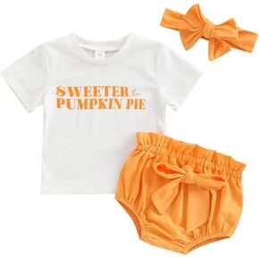 MAINESAKA Baby Girl 3Pcs Halloween Outfits Pumpkin Letter Print Short Sleeve Top Shirt Elastic Shorts Headband Set Clothes in Saudi Arabia