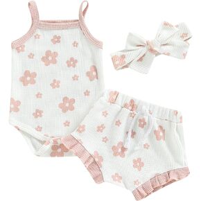Fanvereka Newborn Baby Girl Summer Short Set Spaghetti Straps Sleeveless Floral Romper Ruffle Shorts Headband 3Pcs Set