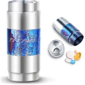 Small Pill Case Titanium, Waterproof Keychain Pill Holder Pocket Pill Box Bottle Medicine Container Organizer Carrier for Purse Travel Hiking Camping Fishing (Blue-Double Cap)
