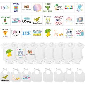 Breathffy 40 Pcs Iron on Decals Baby Shower Games White Baby Bibs Bodysuit Iron on Transfers Include 24 Funny Iron on Decals 8 Baby Bibs 8 Newborn Bodysuit for Baby Shower Gender Reveal Party in Saudi Arabia