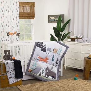 Carter's Woodland Friends Gray Multi Colored Bear and Fox, Squirrel, Tree, Tent, and Campfire 3 Piece Nursery Crib Bedding Set - Comforter, Fitted Crib Sheet, and Crib Skirt