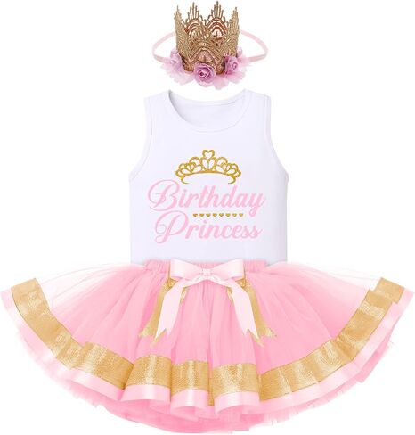 IBTOM CASTLE Toddler Baby Girl Princess Birthday Party Dress Sleeveless Printed Vest Tops+Tulle Tutu+Flower Crown Outfit in Saudi Arabia