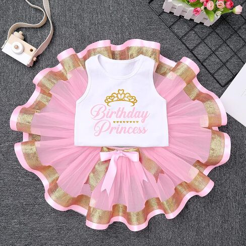 IBTOM CASTLE Toddler Baby Girl Princess Birthday Party Dress Sleeveless Printed Vest Tops+Tulle Tutu+Flower Crown Outfit in Saudi Arabia