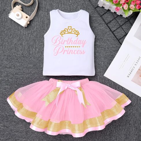 IBTOM CASTLE Toddler Baby Girl Princess Birthday Party Dress Sleeveless Printed Vest Tops+Tulle Tutu+Flower Crown Outfit in Saudi Arabia