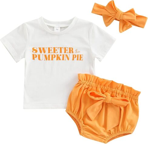 MAINESAKA Baby Girl 3Pcs Halloween Outfits Pumpkin Letter Print Short Sleeve Top Shirt Elastic Shorts Headband Set Clothes in Saudi Arabia