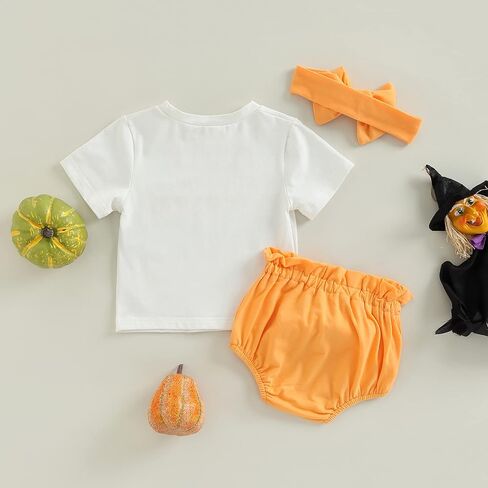 MAINESAKA Baby Girl 3Pcs Halloween Outfits Pumpkin Letter Print Short Sleeve Top Shirt Elastic Shorts Headband Set Clothes in Saudi Arabia