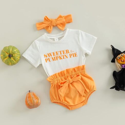 MAINESAKA Baby Girl 3Pcs Halloween Outfits Pumpkin Letter Print Short Sleeve Top Shirt Elastic Shorts Headband Set Clothes in Saudi Arabia