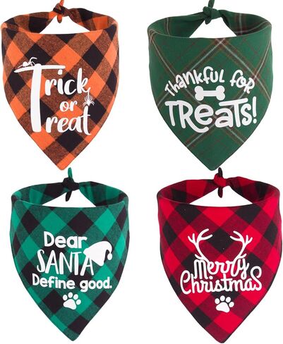 ptdecor عطلة منقوشة الكلب عصابات 4 حزمة، هالوين الكلب باندانا الجاموس منقوشة عيد الشكر الكلب وشاح عكسها عيد الميلاد الكلب عطلة عصابات للكلاب جرو هالوين عيد الشكر عيد الميلاد زي in Kuwait