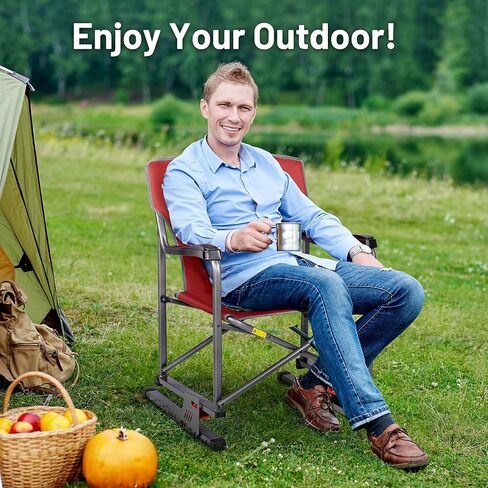 TIMBER RIDGE Folding Bounce Rocking Camping Compact Outdoor Lawn Chair, Supports 300 LBS, Red in Kuwait