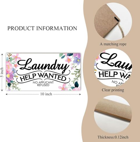 Colorful Flower Sign, Wood Wall Decoration Plaque with Rope, Home Door Decor Laundry Room Shelf Wood Art Plaque for Family, Friends, Coworker, 10 x 5" Laundry Help Wanted No Applicant Refused Sign -07 in Kuwait