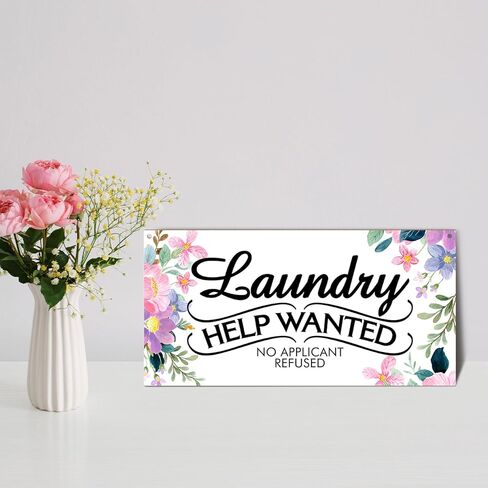 Colorful Flower Sign, Wood Wall Decoration Plaque with Rope, Home Door Decor Laundry Room Shelf Wood Art Plaque for Family, Friends, Coworker, 10 x 5" Laundry Help Wanted No Applicant Refused Sign -07 in Kuwait