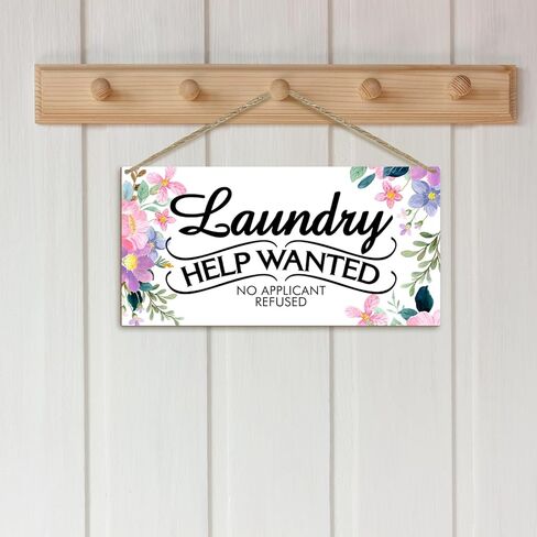 Colorful Flower Sign, Wood Wall Decoration Plaque with Rope, Home Door Decor Laundry Room Shelf Wood Art Plaque for Family, Friends, Coworker, 10 x 5" Laundry Help Wanted No Applicant Refused Sign -07 in Kuwait