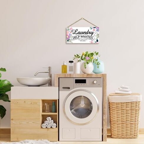 Colorful Flower Sign, Wood Wall Decoration Plaque with Rope, Home Door Decor Laundry Room Shelf Wood Art Plaque for Family, Friends, Coworker, 10 x 5" Laundry Help Wanted No Applicant Refused Sign -07 in Kuwait