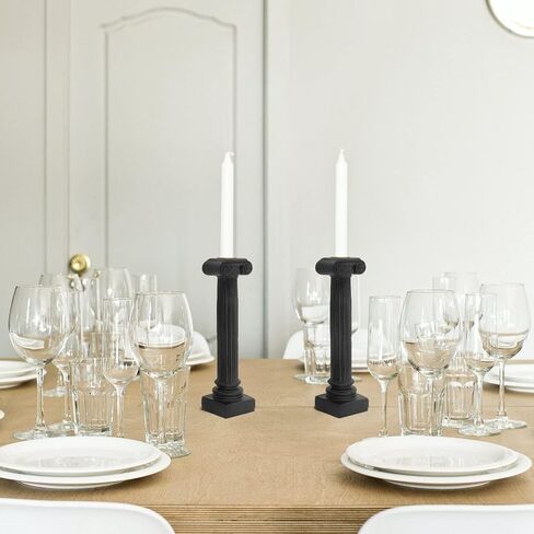 ثيندولكس حامل شموع مدبب من الراتنج على الطراز اليوناني، تصميم منحوت بشكل عمود روماني انيق للشموع المدببة (9 انش، اسود) in Kuwait