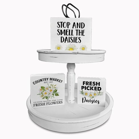 علامات صندوق خشبي من ديزي مكونة من 3 قطع عبارة ديزي صينية متدرجة علامات خشبية ديكور زهور الأقحوان مجموعة علامات كتلة خشبية لتزيين الطاولة المركزية لمكتب الرف المنزلي in Kuwait