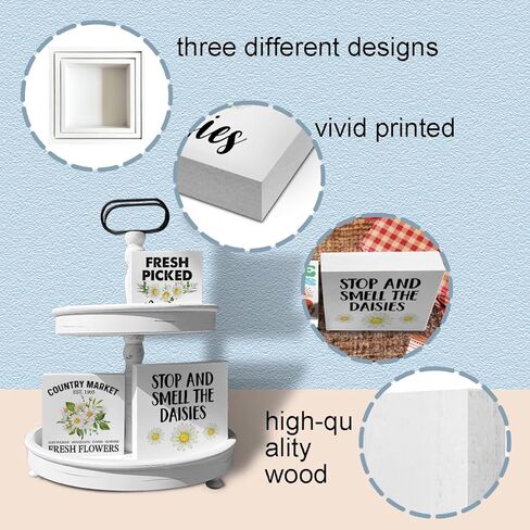 علامات صندوق خشبي من ديزي مكونة من 3 قطع عبارة ديزي صينية متدرجة علامات خشبية ديكور زهور الأقحوان مجموعة علامات كتلة خشبية لتزيين الطاولة المركزية لمكتب الرف المنزلي in Kuwait