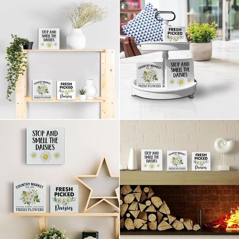 علامات صندوق خشبي من ديزي مكونة من 3 قطع عبارة ديزي صينية متدرجة علامات خشبية ديكور زهور الأقحوان مجموعة علامات كتلة خشبية لتزيين الطاولة المركزية لمكتب الرف المنزلي in Kuwait