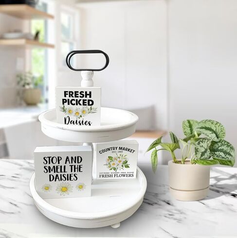 علامات صندوق خشبي من ديزي مكونة من 3 قطع عبارة ديزي صينية متدرجة علامات خشبية ديكور زهور الأقحوان مجموعة علامات كتلة خشبية لتزيين الطاولة المركزية لمكتب الرف المنزلي in Kuwait