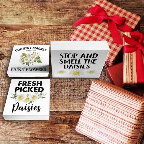 علامات صندوق خشبي من ديزي مكونة من 3 قطع عبارة ديزي صينية متدرجة علامات خشبية ديكور زهور الأقحوان مجموعة علامات كتلة خشبية لتزيين الطاولة المركزية لمكتب الرف المنزلي in Kuwait