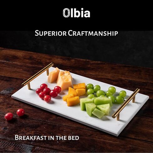 صينية رخامية بيضاء من أولبيا بمقبض ذهبي، صينية تقديم الإفطار، صينية عطر مستطيلة الشكل، (رخام أبيض) in Kuwait