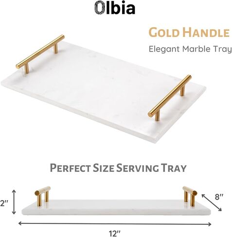 صينية رخامية بيضاء من أولبيا بمقبض ذهبي، صينية تقديم الإفطار، صينية عطر مستطيلة الشكل، (رخام أبيض) in Kuwait