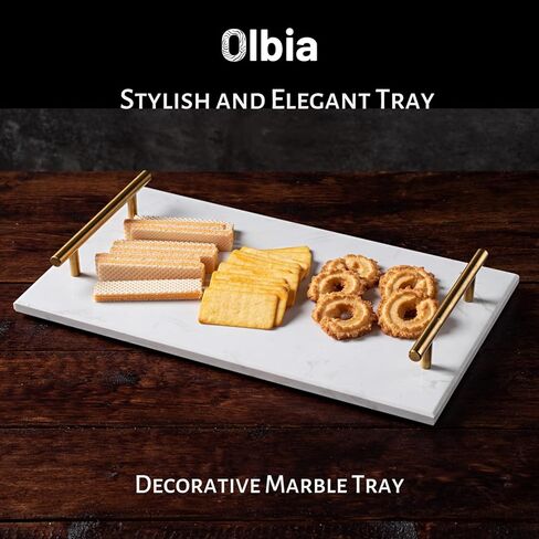صينية رخامية بيضاء من أولبيا بمقبض ذهبي، صينية تقديم الإفطار، صينية عطر مستطيلة الشكل، (رخام أبيض) in Kuwait