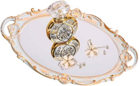 صينية مرآة مزخرفة من LZYMSZ، صينية عرض بيضاوية عتيقة للعطور والمكياج والمجوهرات وصينية مستحضرات التجميل وصينية تقديم لغرفة الملابس وغرفة النوم وغرفة المعيشة in Kuwait