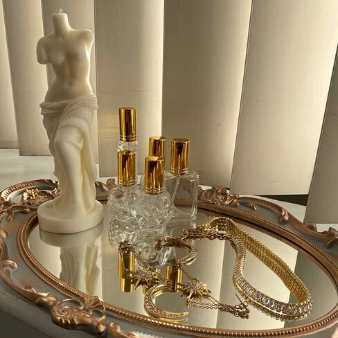 صينية مرآة مزخرفة من LZYMSZ، صينية عرض بيضاوية عتيقة للعطور والمكياج والمجوهرات وصينية مستحضرات التجميل وصينية تقديم لغرفة الملابس وغرفة النوم وغرفة المعيشة in Kuwait