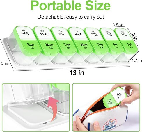 منظم حبوب الدواء الأسبوعي الكبير مرتين في اليوم، منظم صندوق حبوب الدواء اليومي الكبير صباحًا ومساءً، علبة حبوب منع الحمل المحمولة القابلة للفصل سهلة التتبع، حاوية كبيرة مكونة من 14 حجرة شفافة للأدوية والفيتامينات والمكملات الغذائية in Kuwait
