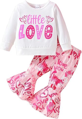 WOLBAY طفل رضيع فتاة عيد الحب الزي كم طويل الحب طباعة القطن قمم تي شيرت البلوز + طفل جرس قيعان الزي in Kuwait