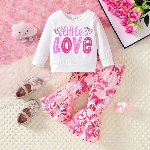 WOLBAY طفل رضيع فتاة عيد الحب الزي كم طويل الحب طباعة القطن قمم تي شيرت البلوز + طفل جرس قيعان الزي in Kuwait