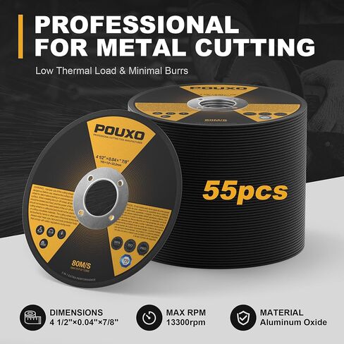 POUXO 55 حزمة قطع العجلات 4 1/2 بوصة، رقيقة جدا 4.5 بوصة × 0.04 بوصة × 7/8 بوصة قطع عجلة للمعادن والفولاذ المقاوم للصدأ، قرص قطع طاحونة زاوية الخدمة الطويلة in Kuwait