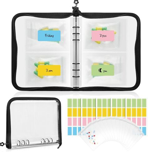 Paterr Pill Pouch Bags Zippered Pill Loose Leaf Storage Bag Portable Travel Pill Organizer with Labels and 60 Self Sealing Bags Reusable Storage Medicine Bags for Pills Tablets Vitamins, Clear Black in Saudi Arabia