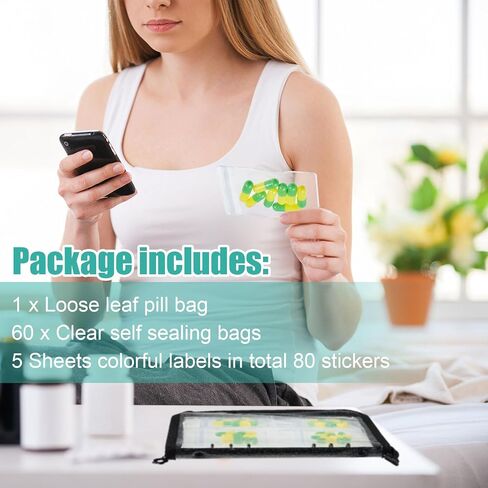 Paterr Pill Pouch Bags Zippered Pill Loose Leaf Storage Bag Portable Travel Pill Organizer with Labels and 60 Self Sealing Bags Reusable Storage Medicine Bags for Pills Tablets Vitamins, Clear Black in Saudi Arabia