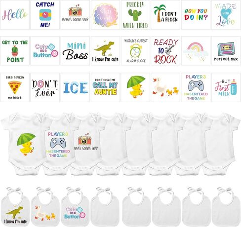 Breathffy 40 Pcs Iron on Decals Baby Shower Games White Baby Bibs Bodysuit Iron on Transfers Include 24 Funny Iron on Decals 8 Baby Bibs 8 Newborn Bodysuit for Baby Shower Gender Reveal Party in Saudi Arabia