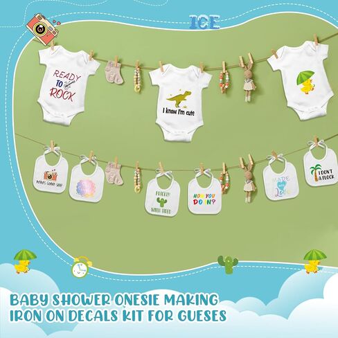Breathffy 40 Pcs Iron on Decals Baby Shower Games White Baby Bibs Bodysuit Iron on Transfers Include 24 Funny Iron on Decals 8 Baby Bibs 8 Newborn Bodysuit for Baby Shower Gender Reveal Party in Saudi Arabia