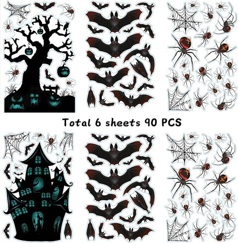 Halloween Decorations 90 PCS Halloween Window Clings Decals for Window Glass Decorations Halloween Glass Decals for Party Decorations Bat Spider Haunted Hous Spooky Door Stickers, 7.87 x 11.81 inches in Kuwait