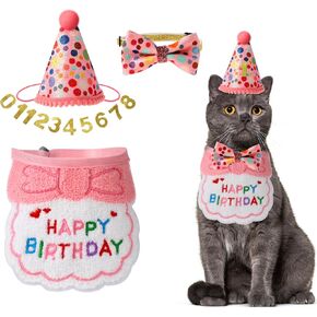 KALIONE Cat Birthday Party Supplies Pack, Cute Cat Birthday Hat with 0-8 Numbers, Adjustable Cat Bandana, Cat Birthday Decorations, Birthday Outfits Hat Accessories for Indoor Cats Kitten Pet, Pink in Kuwait